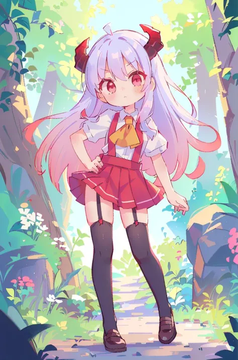 a cartoon girl in a short skirt and a bow is standing in the woods