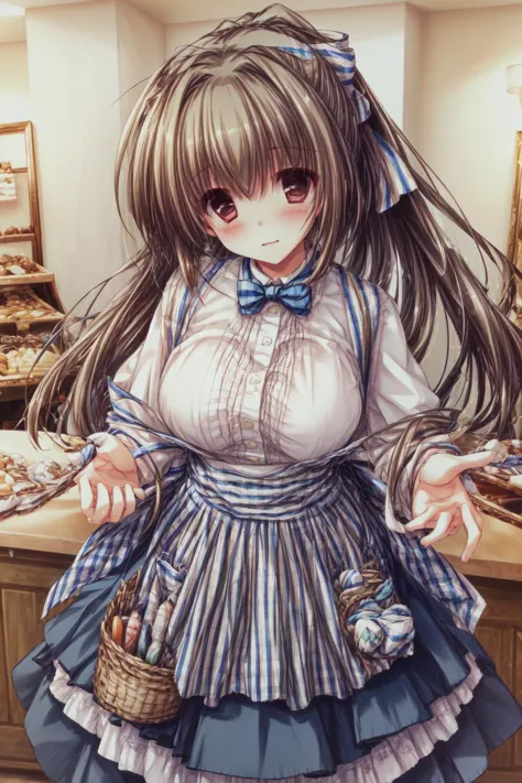 (masterpiece, top quality, best quality, official art, beautiful and aesthetic:1.2),highest detailed , 8k photo quality,((ultra-detailed)), (highly detailed CG illustration), ((an extremely delicate and beautiful)) ,(1girl,cute:1.3), brown hair, ponytail, middle breasts, KRU, blue bow, blue bowtie, white shirt, short sleeves, blue skirt, blue apron, gingham apron, employee uniform, high-waist skirt, waitress, indoors, <lora:flat1:-1>, <lora:kobeya_U_SD15_V5:0.8>