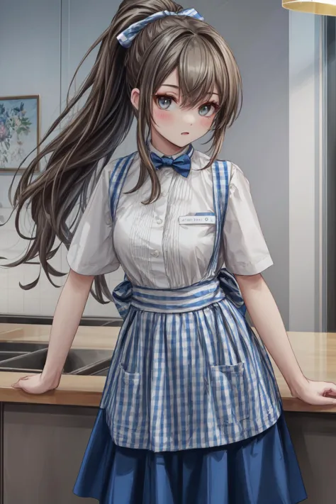 (masterpiece, top quality, best quality, official art, beautiful and aesthetic:1.2),highest detailed , 8k photo quality,((ultra-detailed)), (highly detailed CG illustration), ((an extremely delicate and beautiful)) , 1girl, black hair, ponytail, KRU, blue bow, blue bowtie, white shirt, short sleeves, blue skirt, blue apron, gingham apron, employee uniform, high-waist skirt, waitress, indoors, <lora:flat1:-1>, <lora:kobeya_U_SD15_V5:0.8>