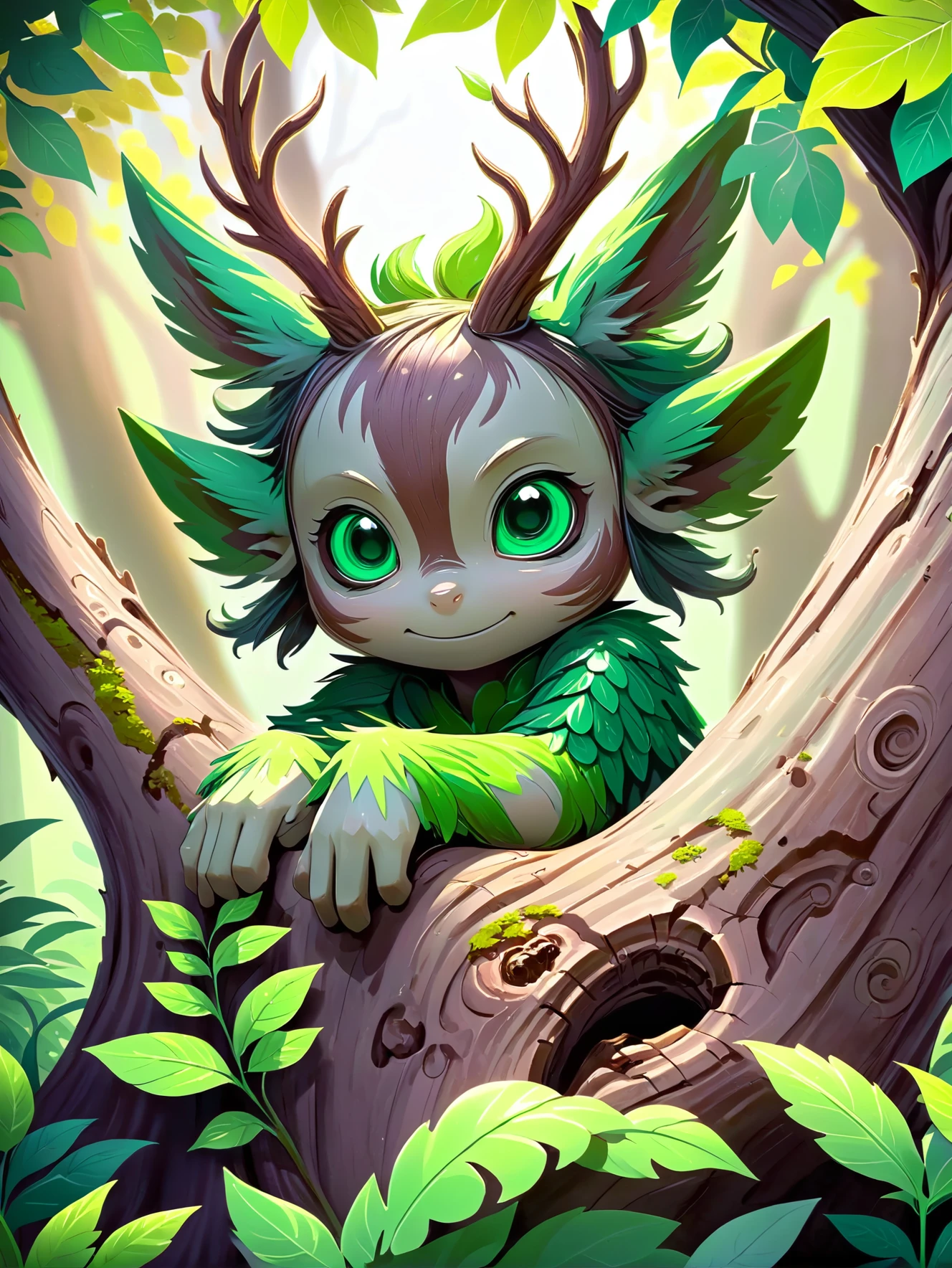 A mischievous forest spirit, camouflaged among the vibrant green leaves, peeking out from behind a tree trunk.