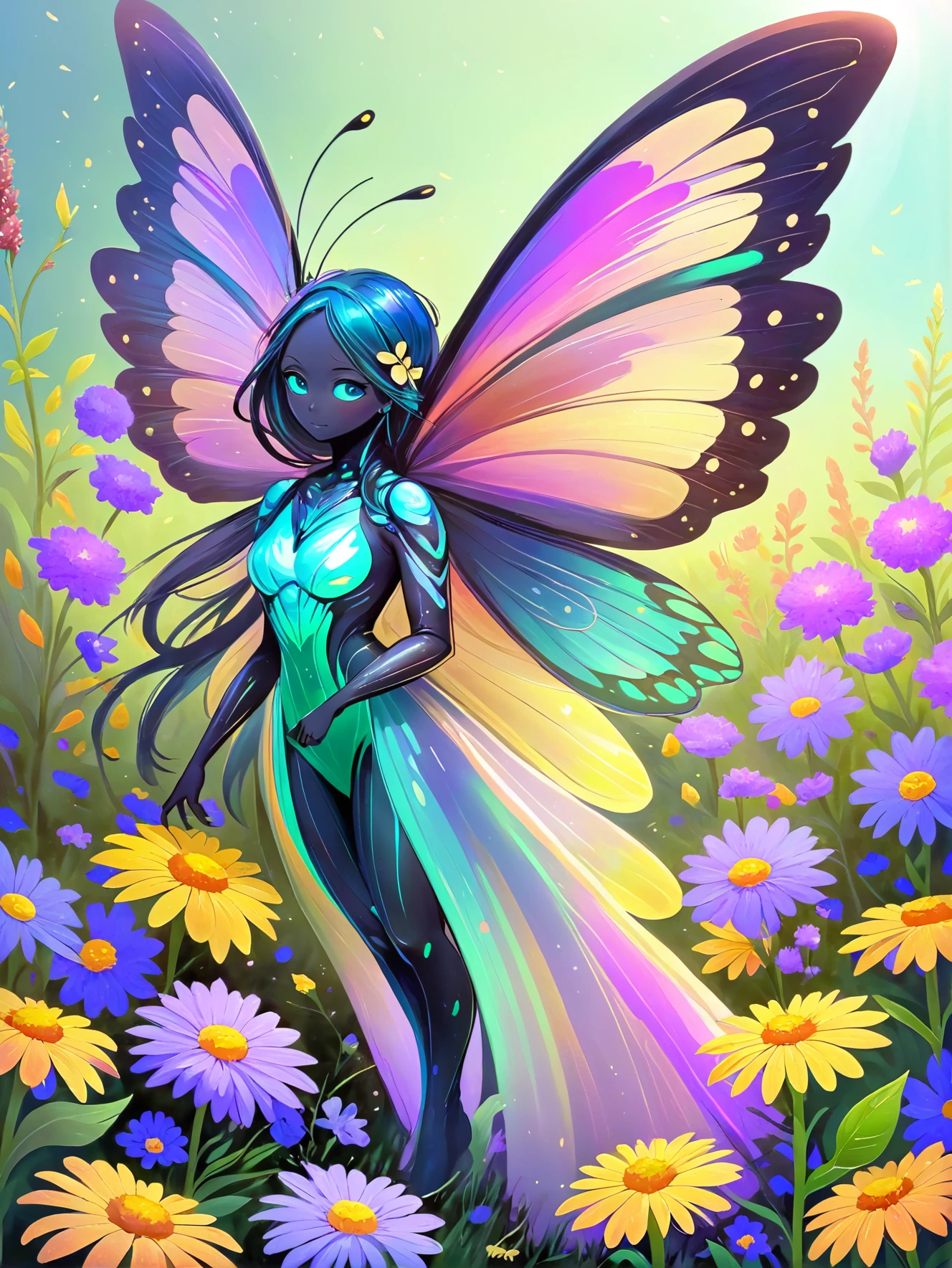 Um espírito vibrante de borboleta, com asas iridescentes, flutuando entre um campo de flores silvestres.