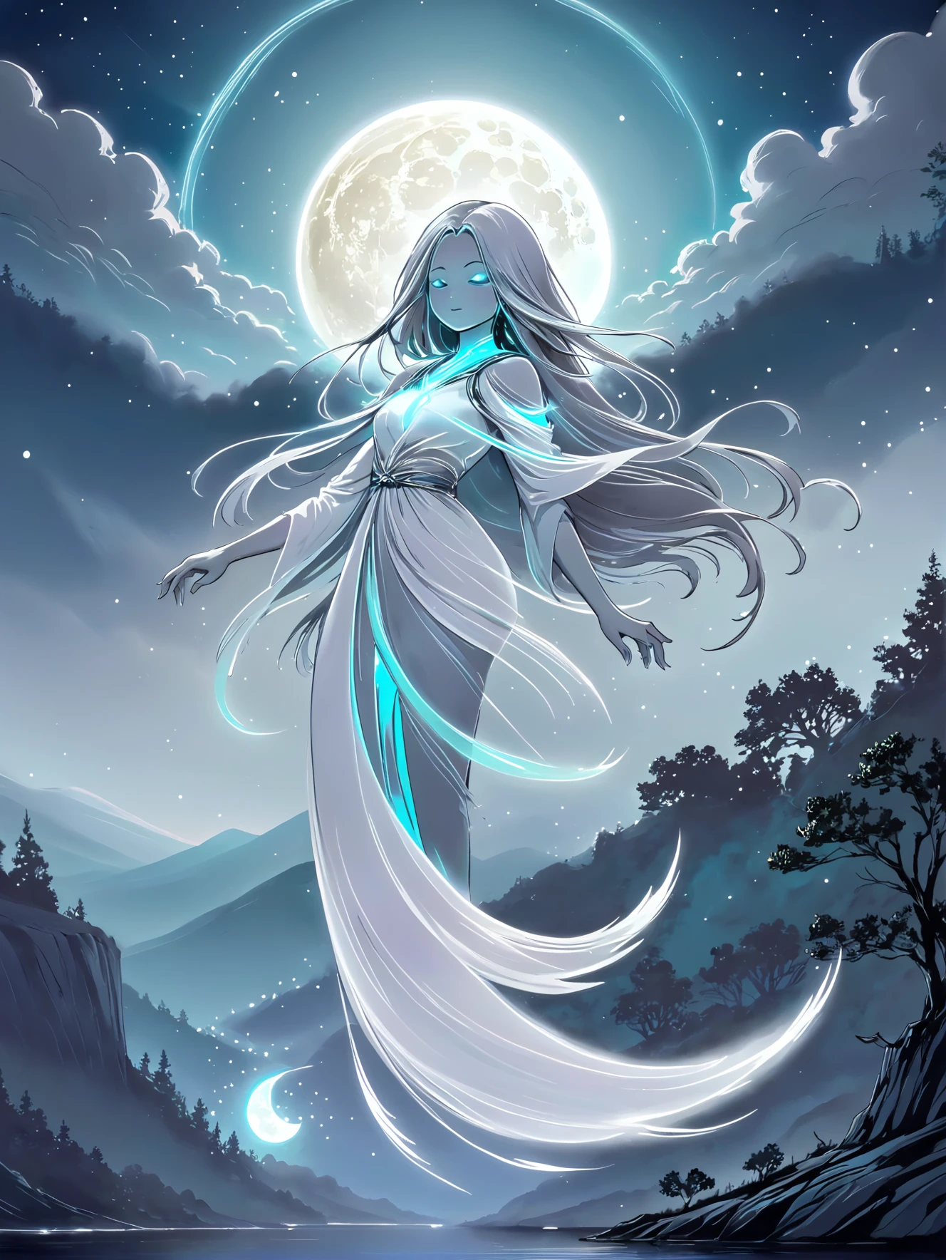 Un espíritu de luna luminosa, con estelas plateadas, flotando sobre un tranquilo paisaje nocturno.