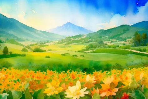 painting of a field of flowers with mountains in the background