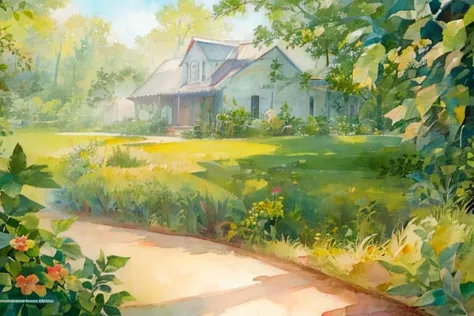 painting of a house in a field with a path leading to it