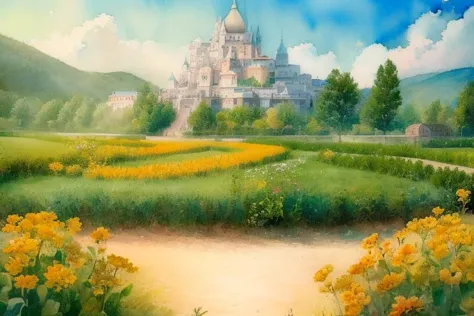 painting of a castle in a field with yellow flowers