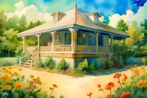 painting of a house with a porch and a porch with a porch