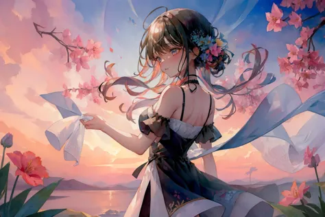 anime girl with flowers in her hair and a dress