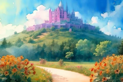 painting of a castle on a hill with a path leading to it