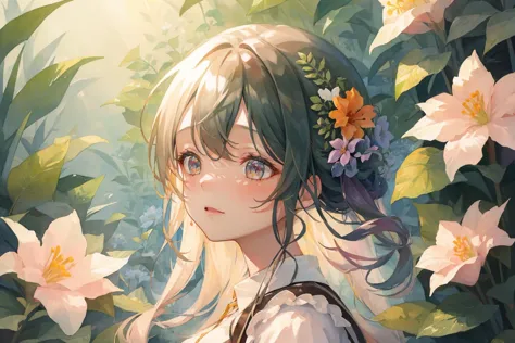 anime girl with flowers in her hair and a backpack