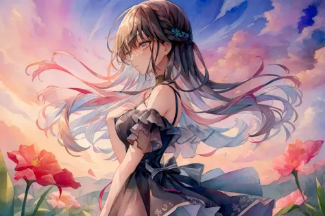 anime girl with long hair and dress in a field of flowers