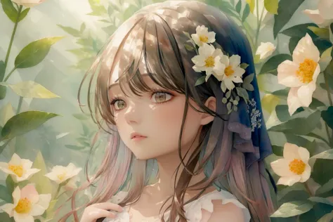 anime girl with flowers in her hair and a blue scarf