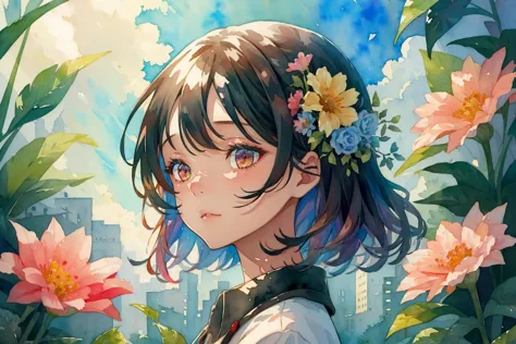 anime girl with flowers in her hair standing in front of a city