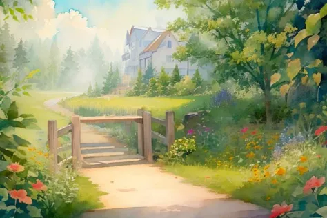 painting of a gate leading to a house in a garden