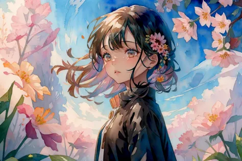 anime girl with flowers in her hair standing in front of a flowery sky