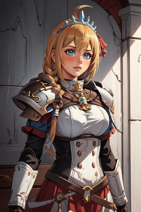 (masterpiece, best quality),  intricate details,
1girl,    <lora:pecorine_v1:0.8> aapeco, very long hair, ahoge, braid, tiara, hair ribbon, 
sweating, 
 <lora:edgWar40KAdeptaSororitas:0.8> edgAdepta, ,wearing edgAdepta,power armor,shoulder armor,skull emblem,