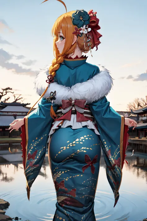 masterpiece, (detailed, highres, best quality), 1girl, <lora:pecorine_v1:1> bbpeco, ahoge, single braid, hair over shoulder, hair ornament, hair flower, blue flower, fur trim, japanese clothes, blue kimono, print kimono, wide sleeves, obi, bird, from behind, outdoors, reflection, ripples, wide shot, hurt