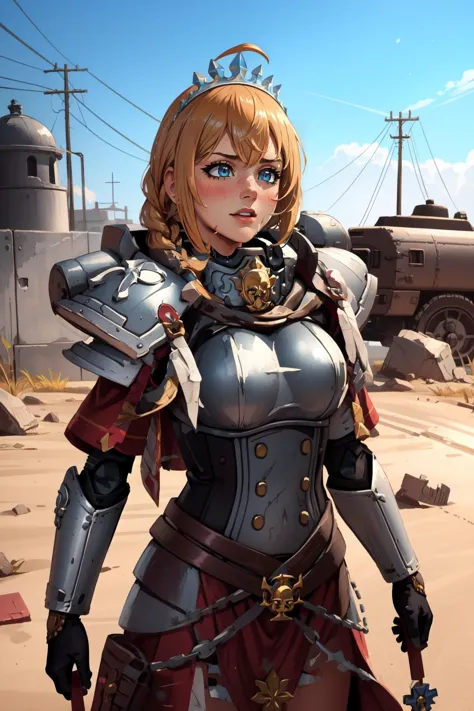 a woman in armor standing in front of a desert area