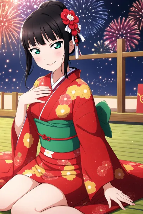 a woman in a kimono sitting on the ground with fireworks in the background