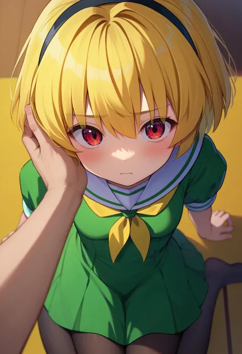 anime girl with blonde hair and green dress posing for camera