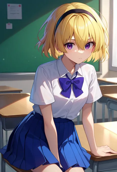 anime girl sitting on a desk in a classroom with a green wall