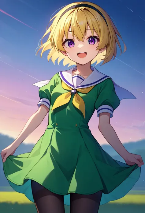 a close up of a person in a green dress with a sky background