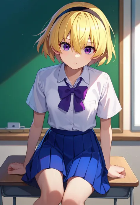 anime girl sitting on a desk in front of a blackboard