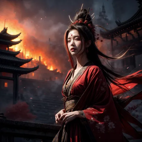 Cinematic Lighting,reality,front view,1girl,long hair,jewelry,forehead mark,looking at viewer,Blood Mist,despair,Blood Cherry Blossom,torn clothes,solo,Gunpowder smoke,beautiful deatailed shadow,dust,tyndall effect,east_asian_architecture,rubble_ruins,<lora:benevolence_sd15:1>,cibei,<lora:add_detail:1>,