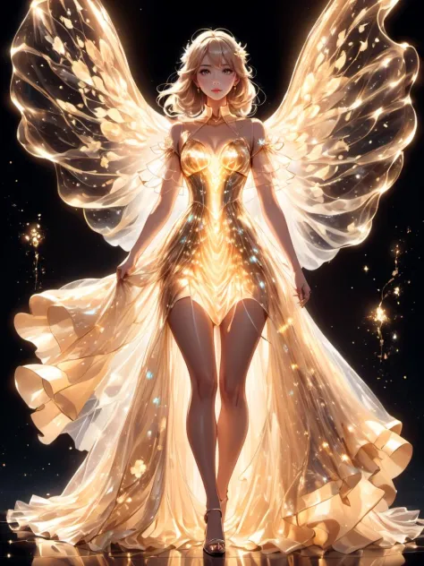 Impresionante estilo anime hermosa mujer vistiendo un Pale Gold (vestido bioluminiscente) pisando fuerte,  . Premiado, Profesional, muy detallado