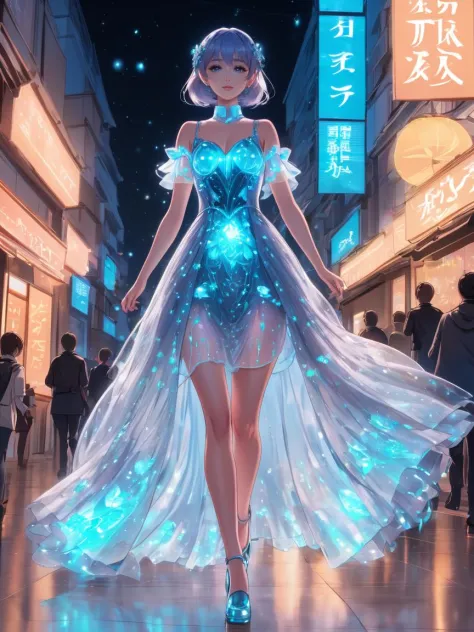 Anime Kunstwerk schöne Frau trägt ein französisches Grau (Biolumineszierendes Kleid) gehen,  . Anime-Stil, Leitbild, beschwingt, Anime-Studio,  sehr detailliert