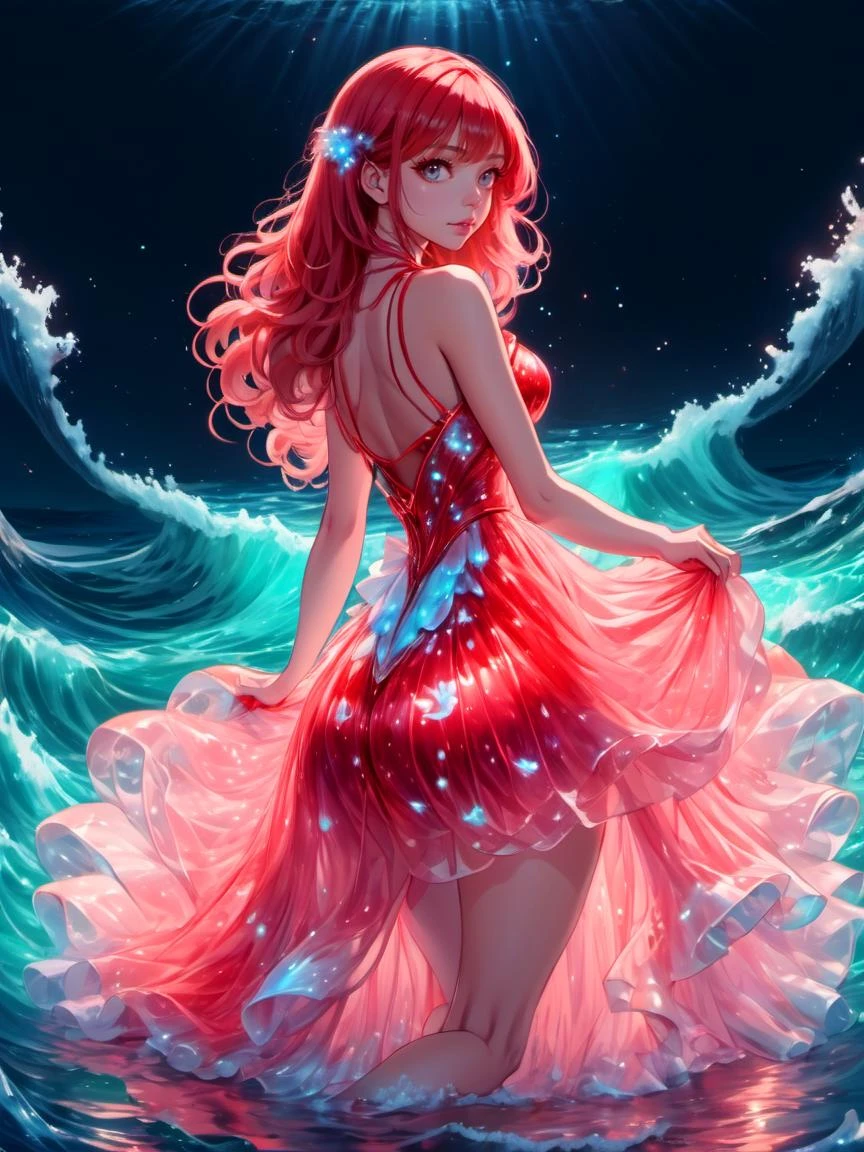航海主题动漫风格美丽的女人穿着淡红色 (生物發光連身裙) 蹲下,  . 海, 海洋, 舰船, 海上, 海灘, 海洋生物, 非常詳細