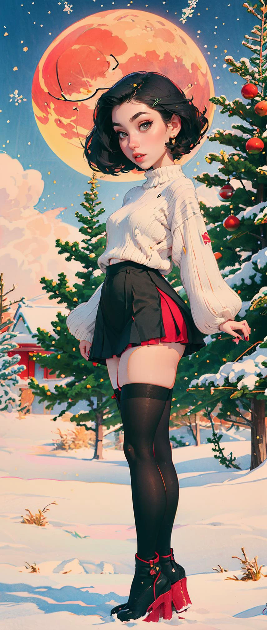 big red moon, snowing background, christmas wonderland, red and green,  ((black stockings)),
 ukiyo-e,  young girl, 20 years, 149cm tall, long legs, very slim, long black hair, small face, black boots, short skirt, white sweater,  black short hairl, pale skin,
 