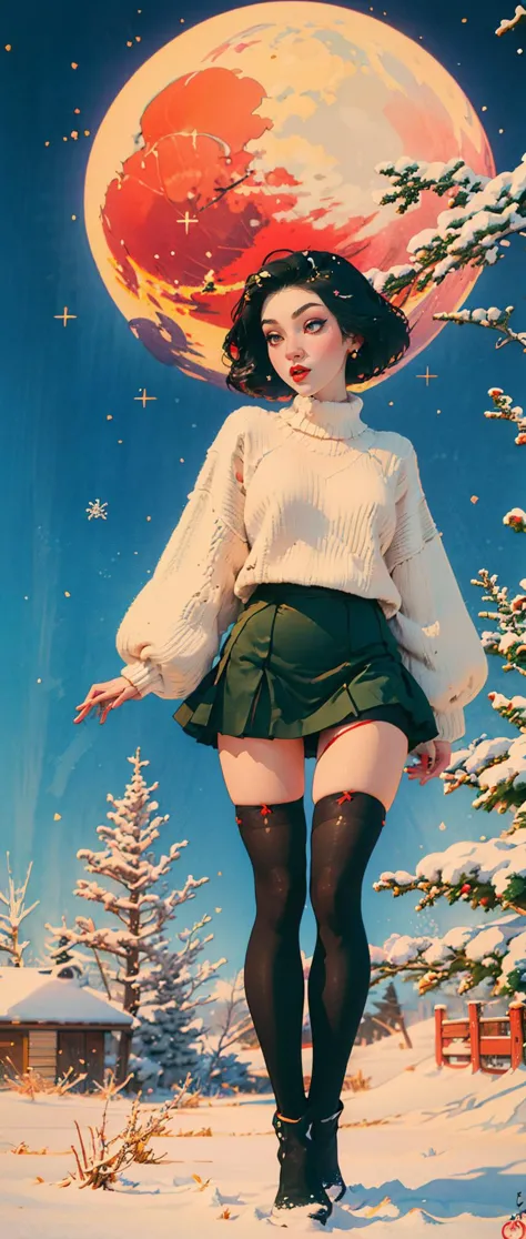 big red moon, snowing background, christmas wonderland, red and green,  ((black stockings)),
 ukiyo-e,  young girl, 20 years, 149cm tall, long legs, very slim, long black hair, small face, black boots, short skirt, white sweater,  black short hairl, pale skin,
 