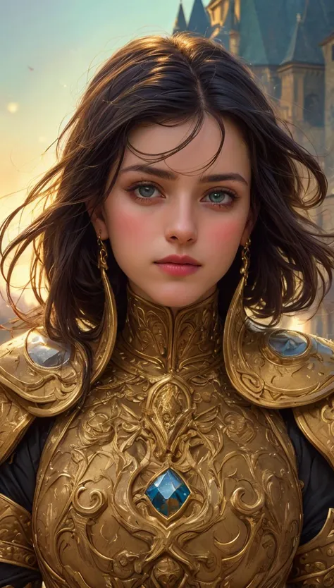 (best quality, masterpiece, colorful, highest detailed), (photorealistic:1.2), raw photo, upper body photo, fashion photography of cute (cute portrait of a Romanian-girl), perfect bobbed black hair, in high detailed medieval gold armor, metal gold reflections, high detailed chainmail, upper body, outdoors, professional photograph, award winning photography, (ultra-detailed body), (light smile:0.3), softlight passing through hair, (far away castle background), (Sharp focus), (dynamic angle), exposure blend, bokeh, dim light, (hdr:1.4), high contrast, (muted colors, dim colors, soothing tones:1.3), low saturation, morbid(extremely intricate:1.3)