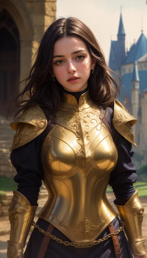 a woman in a gold armor outfit standing in front of a castle