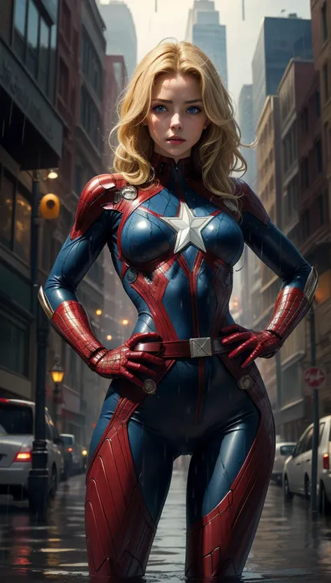 a woman in a superhero suit standing on a city street