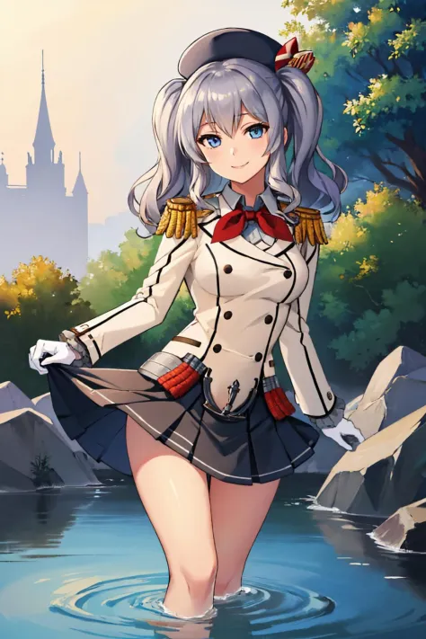 (masterpiece, best quality:1.2), solo, 1girl, kashimadef, smile, looking at viewer, wading, twintails, beret, military uniform, neckerchief, epaulettes, frilled sleeves, white gloves, skirt 