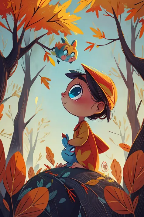 fant, antonella fant, blue eyes, outdoors, signature, looking at another, from side, tree, pokemon (creature), no humans, leaf, looking up, eye contact, autumn leaves,<lora:antonellafant:0.8>,chibi,