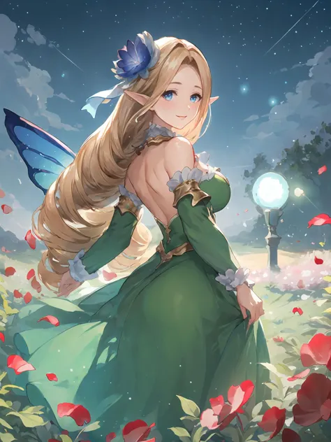 masterpiece,best quality,highres,cinematic lighting,dramatic angle,1girl,blonde hair,drill hair, green dress,parted bangs,cleavage,looking at viewer,pointy ears,blue eyes,bare shoulders,wings,frills,petal,grass,smile,<lora:ShadowverseBrilliantFairyV1-000021:0.8:lbw=jiangshi3>,detached collar,hair flower,depth of field,detached sleeves,straight-on,head tilt,close-up,night,starry sky,glowing particles,fairy,dance party,petals,skir lift,dress lift,happy,partedd lips,crowd,from behind,backless outfit