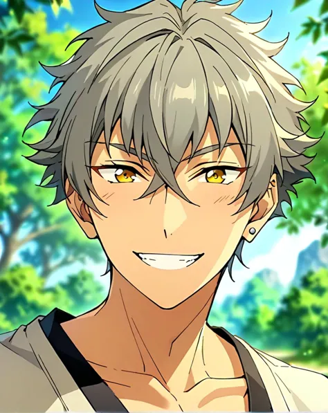 masterpiece, best quality, very aesthetic, absurdres, very detailed, depth of field, blurry background, ((1boy, solo, male only, male focus, upper body, adult)), (oogami_koga, gray hair, yellow eyes, short hair, hair between eyes, bangs, earring on left ear), happy, looking at viewer, facing viewer, collarbone, outdoors, <lora:Lightning-8:1>,  <lora:oogami_koga_sdxl_lora:0.74>