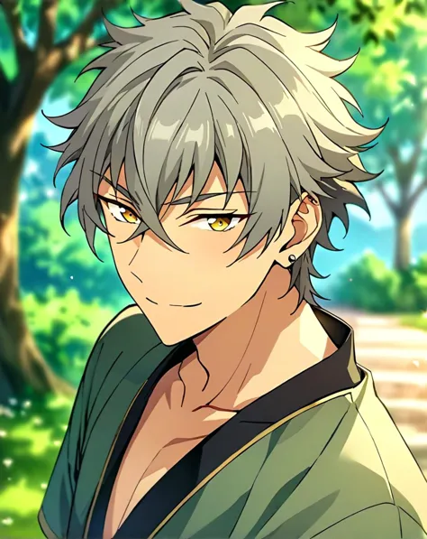 masterpiece, best quality, very aesthetic, absurdres, very detailed, depth of field, blurry background, ((1boy, solo, male only, male focus, upper body, adult)), (oogami_koga, gray hair, yellow eyes, short hair, hair between eyes, bangs, earring on left ear), happy, looking at viewer, facing viewer, collarbone, outdoors, <lora:Lightning-8:1>,  <lora:oogami_koga_sdxl_lora:0.74>