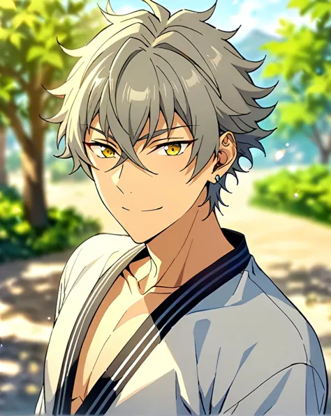 masterpiece, best quality, very aesthetic, absurdres, very detailed, depth of field, blurry background, ((1boy, solo, male only, male focus, upper body, adult)), (oogami_koga, gray hair, yellow eyes, short hair, hair between eyes, bangs, earring on left ear), happy, looking at viewer, facing viewer, collarbone, outdoors, <lora:Lightning-8:1>,  <lora:oogami_koga_sdxl_lora:0.74>