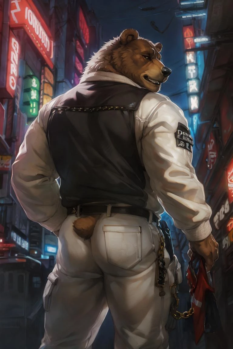 (by tojo the thief, by Darkgem, by Oouna, by honovy, By TheBigSlick, By phinnherz), bear, ursid, ben (zenless zone zero), explicit, anthro, male, solo, clothed, white jacket, topwear, bottomwear, streetwear, tokyo, street, neon lights, akihabara, chain, rear view