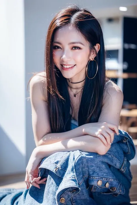 a woman sitting on the ground with her arms crossed and a smile on her face