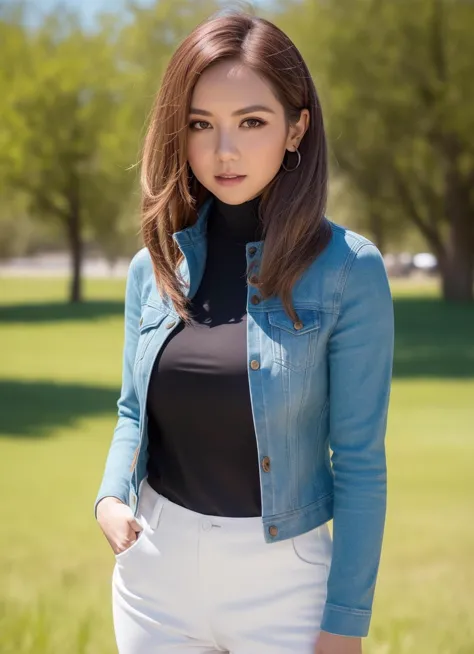 a woman in a blue jacket and white pants standing in a park