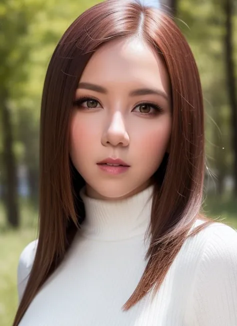 solo,woman,(looking at viewer), (parted lips,light smile),(shiny skin:1.1),blush,,locked arms,
cowboy shot,( turtleneck, outdoors),
skindentation,
photo referenced,best quality, ultra high res, (photorealistic:1.4),  (detailed face and eyes),