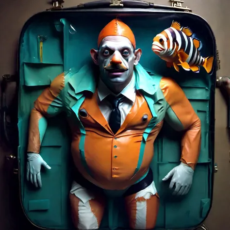 make a half-naked man, with his private parts covered with a briefcase and with the face of a clownfish.