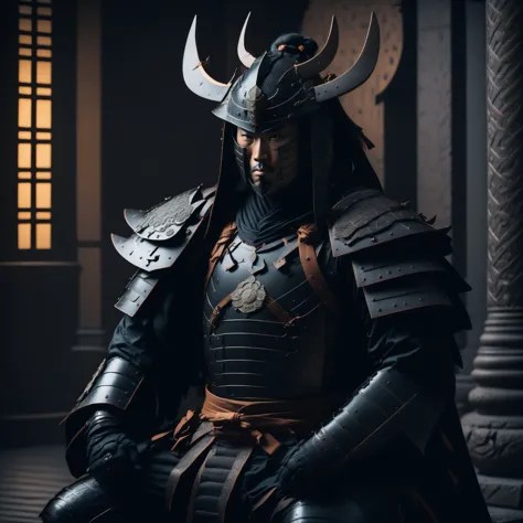 a close up of a man in armor sitting on a chair