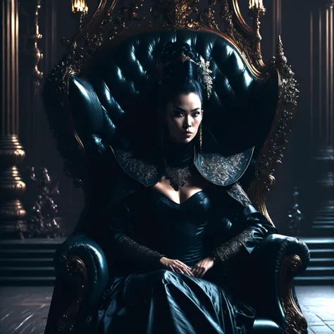 a woman in a black dress sitting on a throne with a crown