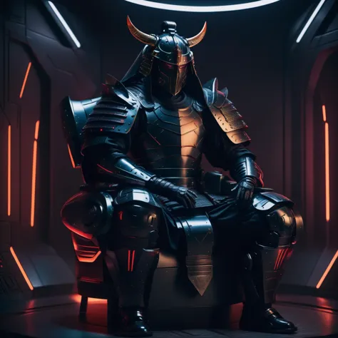 a close up of a person sitting on a throne with a helmet on