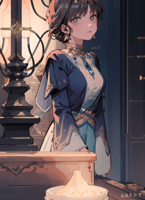 anime girl with a blue dress and a blue jacket standing in front of a lamp